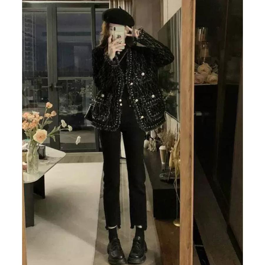 ツイード風ニットジャケットレディース上品