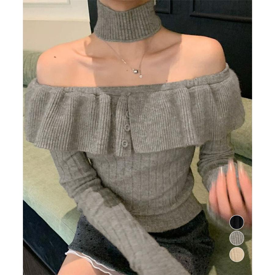 チョーカーネックニットトップスオフショル