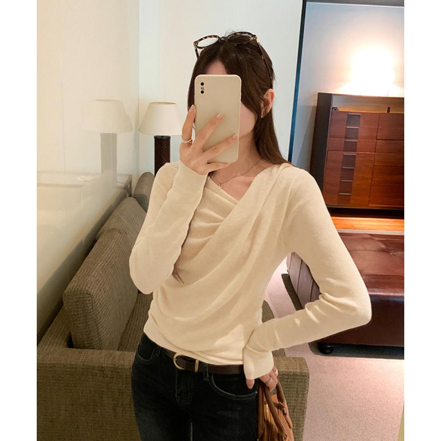 長袖ドレープニットトップス Vネック秋冬